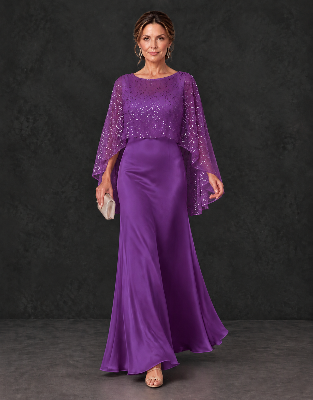 BOLODOO Purple Sparkle Cape Sleeve Mother of the Bride Dress - Purple - Purple_4