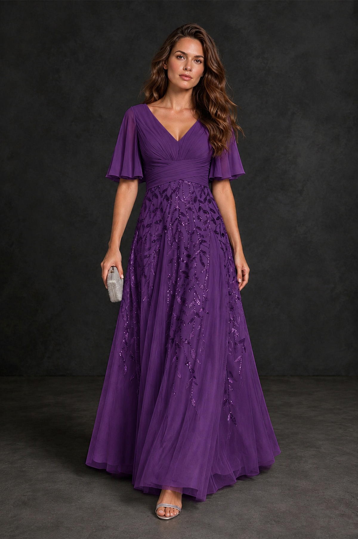 BOLODOO Purple V-Neck Flutter Sleeve Beaded Botanical Tulle A-Line Gown | Mother of the Bride Evening Dress - Purple - Purple_4
