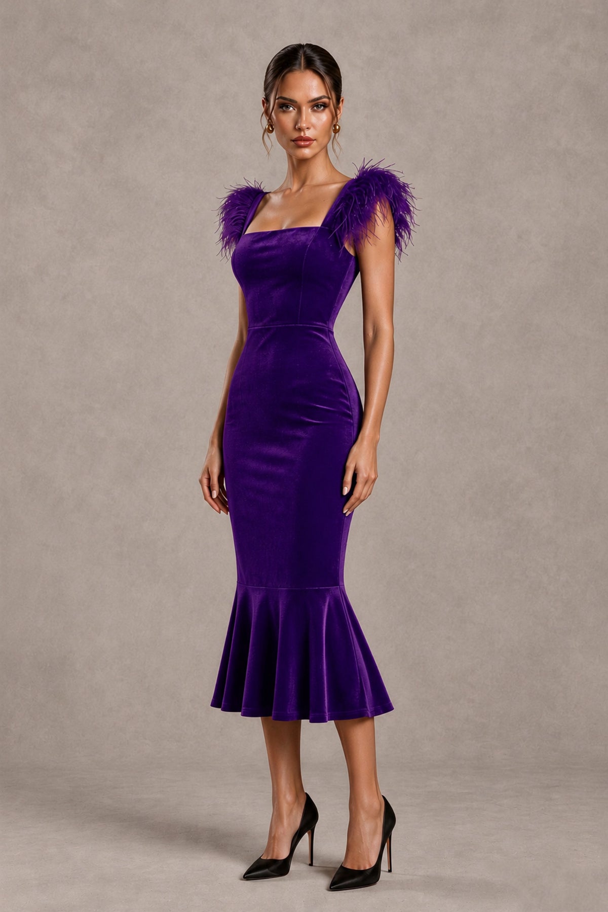 BOLODOO Purple Feather-Trim Velvet-Look Mermaid Midi Dress - Purple - Purple_4