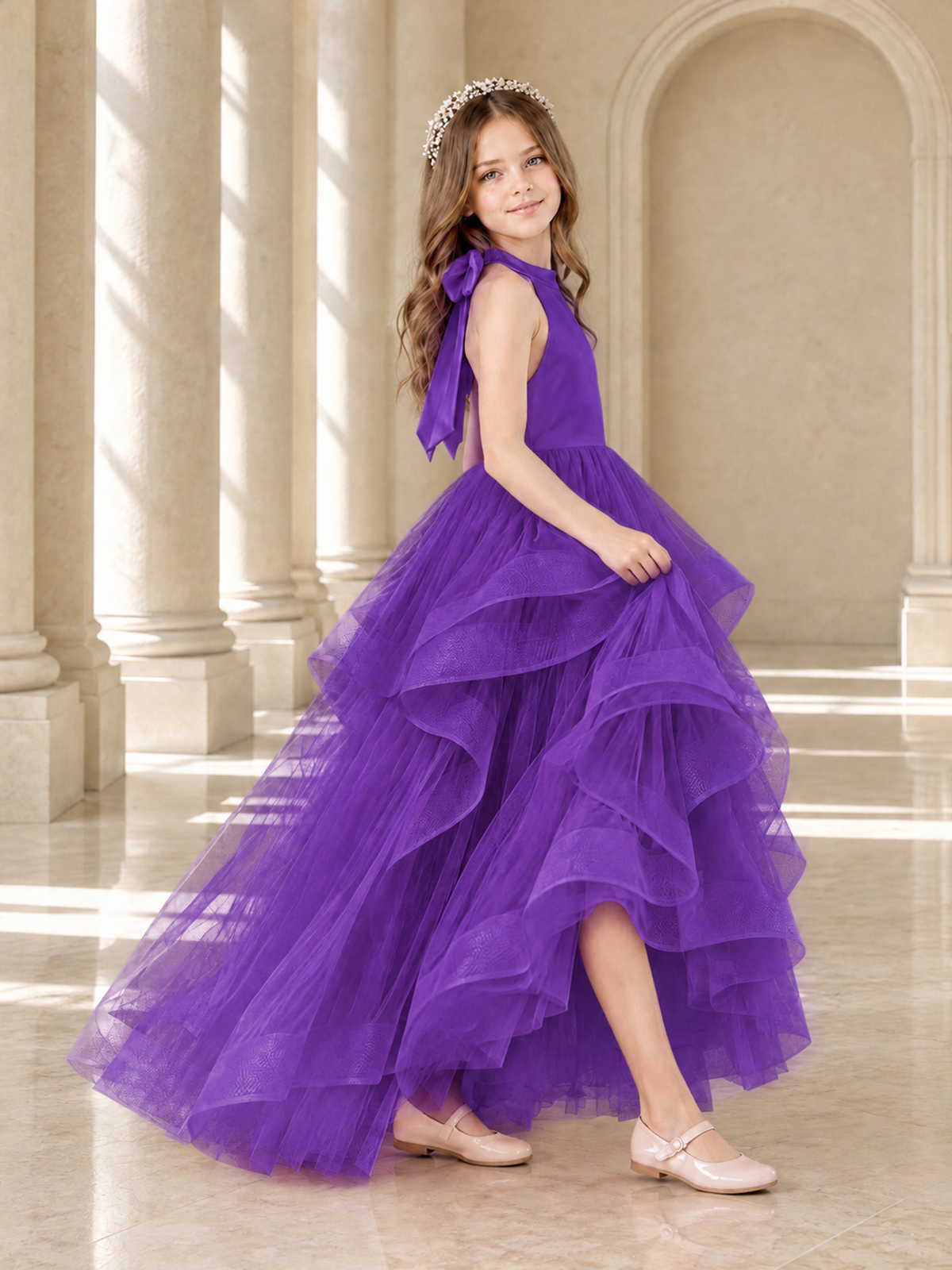 BOLODOO Purple Halter Tiered Tulle Flower Girl Dress with Bow Back - Purple - Purple_4