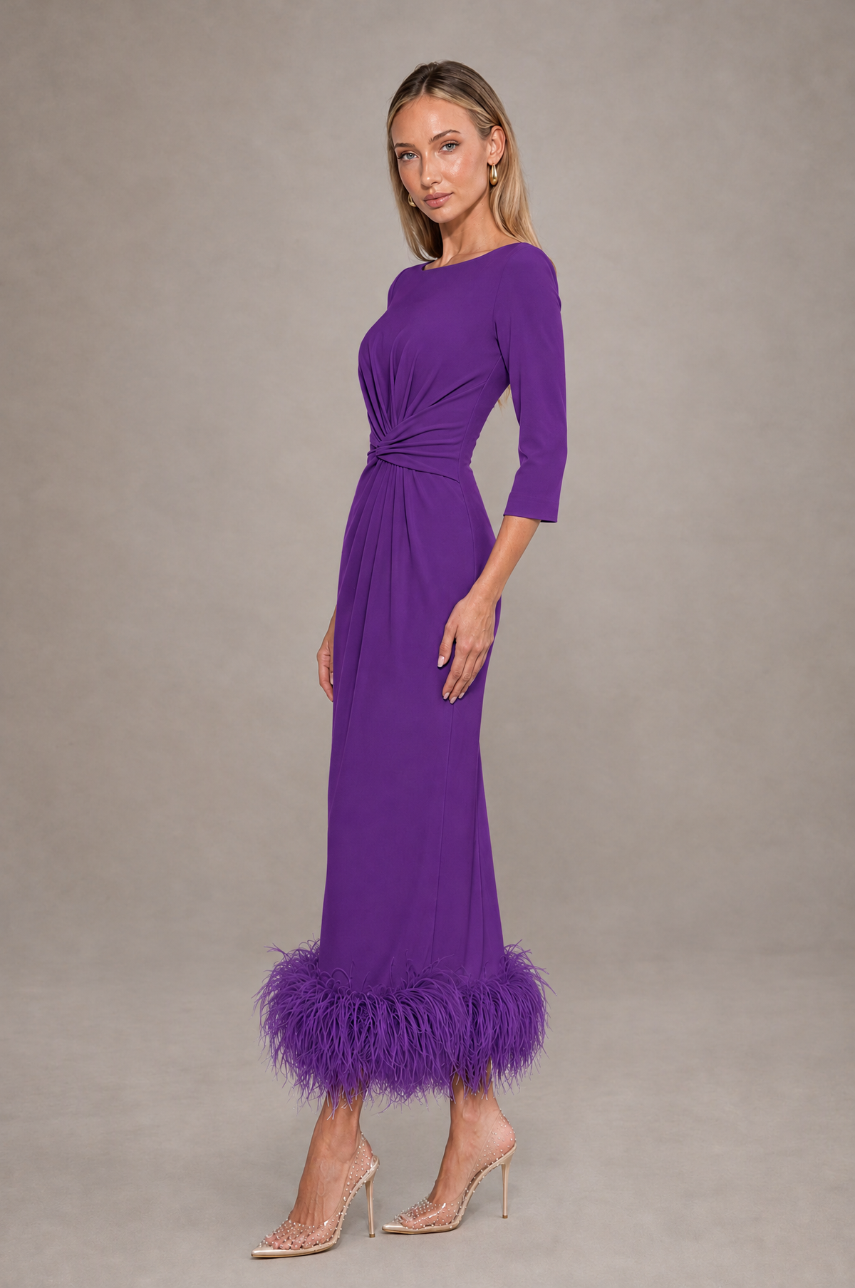 BOLODOO Purple Feather-Trim Twist-Waist Midi Dress - Purple - Purple_4