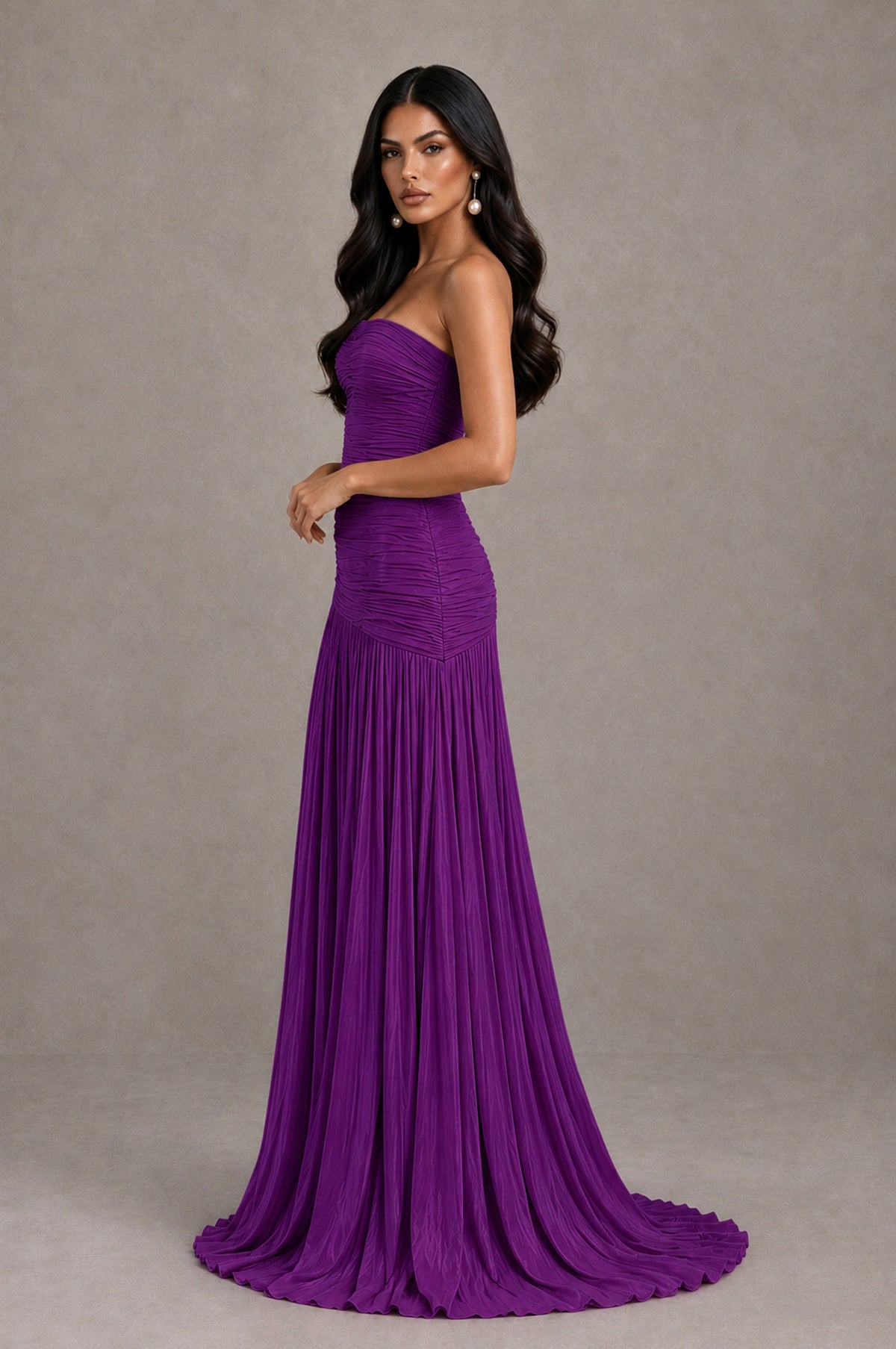BOLODOO Purple Metallic Ruched Strapless Pleated A-Line Backless Maxi Dress with Train - Purple - Purple_4