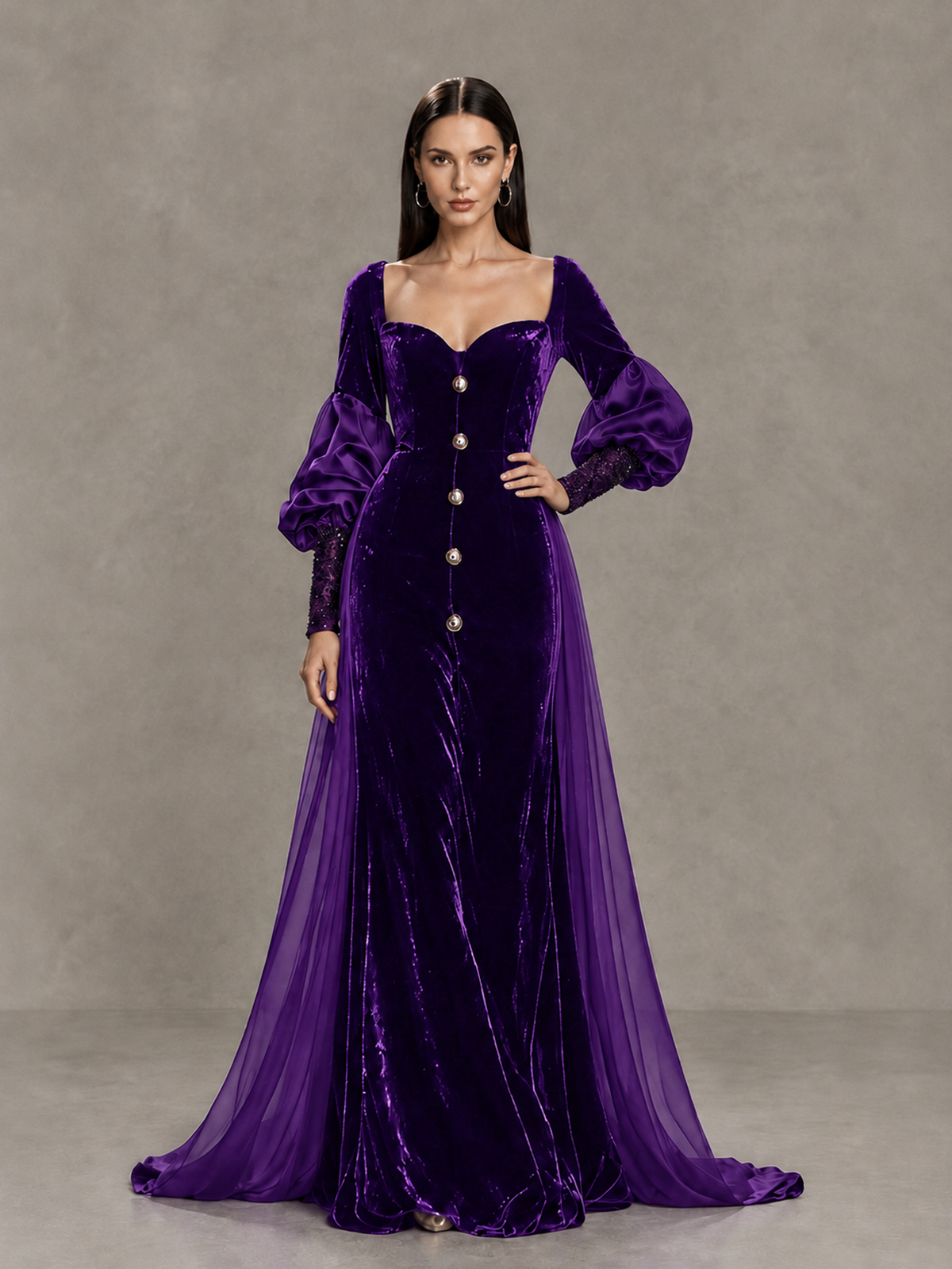 BOLODOO Purple Velvet Long Sleeve Open-Back Evening Gown - Purple - Purple_4