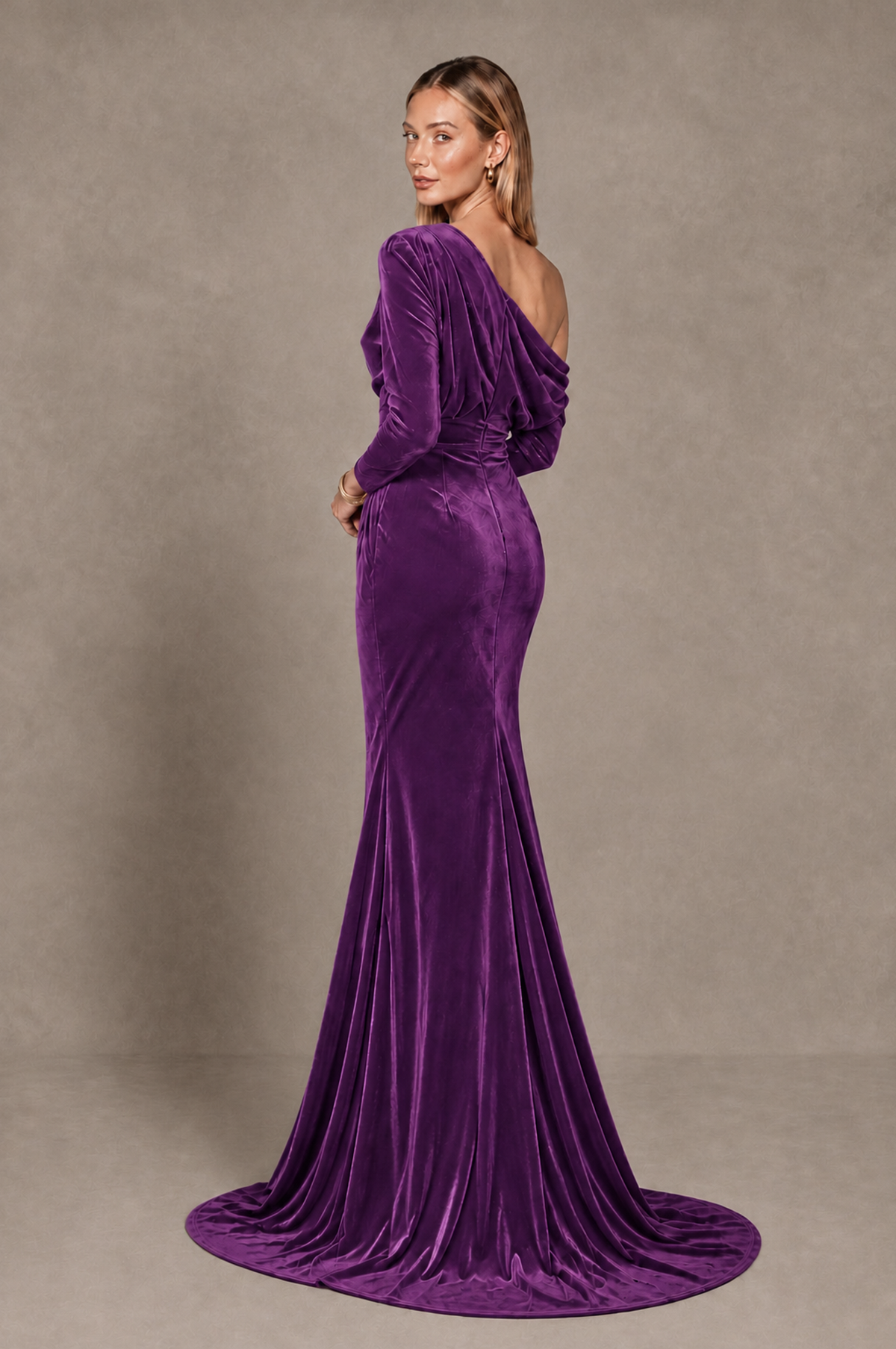 BOLODOO Purple Velvet Asymmetric Neck Mermaid Evening Dress - Purple - Purple_4