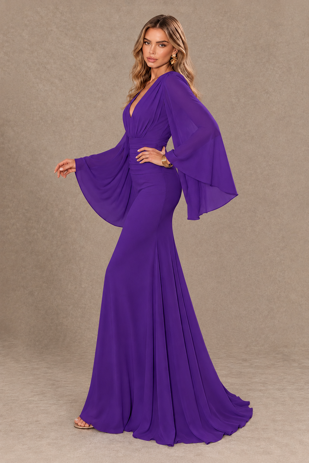 BOLODOO Purple Cape Sleeve V-Neck Ruched Chiffon Evening Dress - Purple - Purple_4