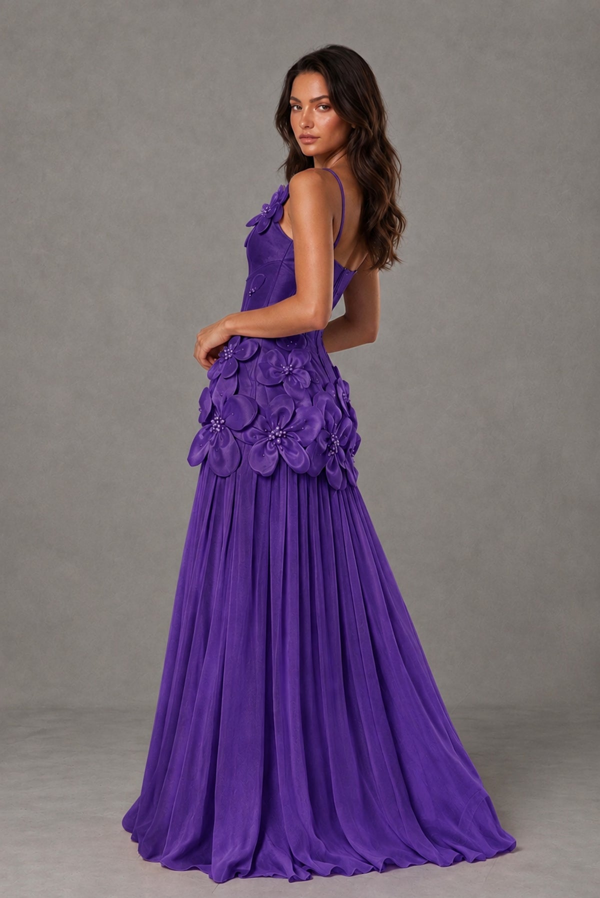 BOLODOO Purple 3D Floral Appliqué Floor-Length A-Line Evening Gown - Purple