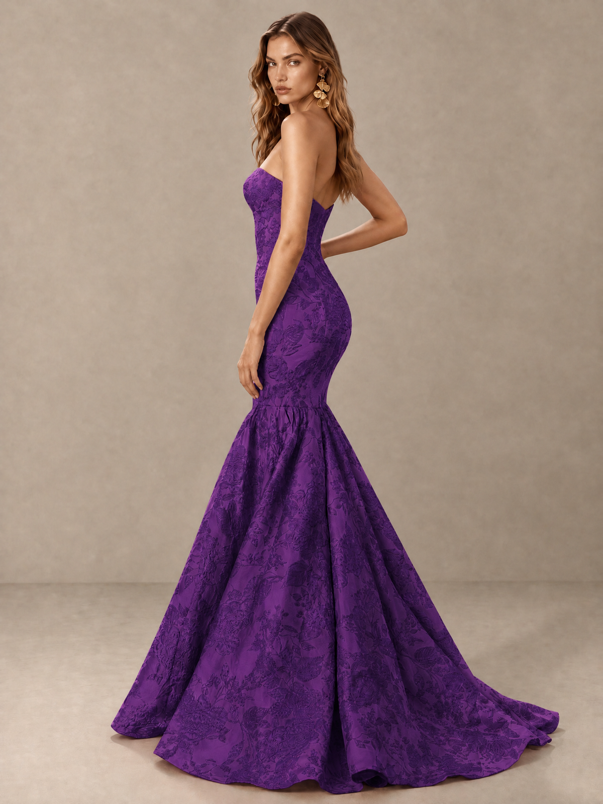 BOLODOO Purple Floral Strapless Mermaid Prom Dress with Train - Purple - Purple_4