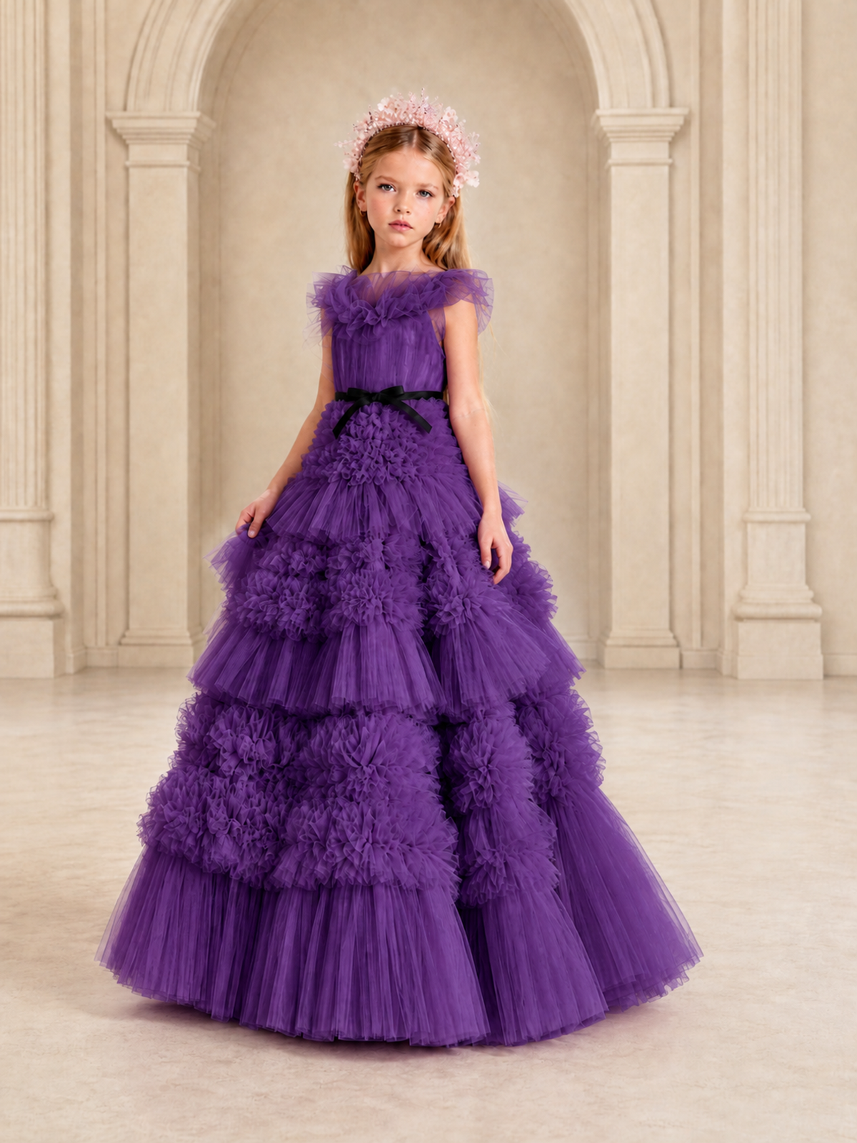 BOLODOO Purple Tiered Tulle Flower Girl Dress with Floral Appliques - Purple - Purple_4