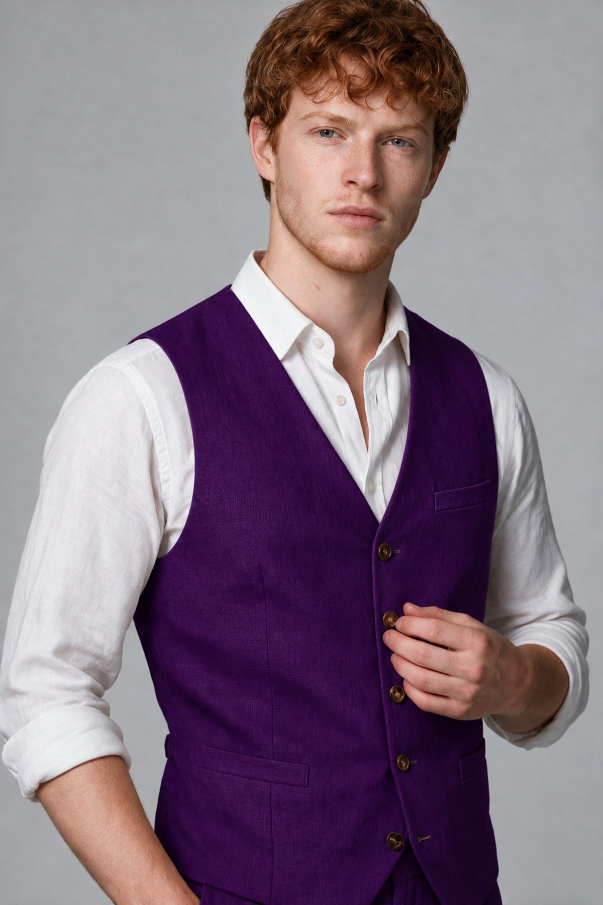 Bolodoo Men's Purple 2-Piece Vest and Pants Set with V-Neck Waistcoat - Purple - Purple_4