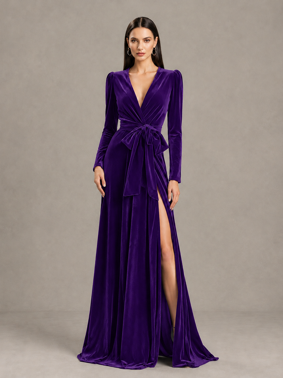 BOLODOO Purple Long Sleeve Velvet-Look Evening Dress with High Slit - Purple - Purple_4