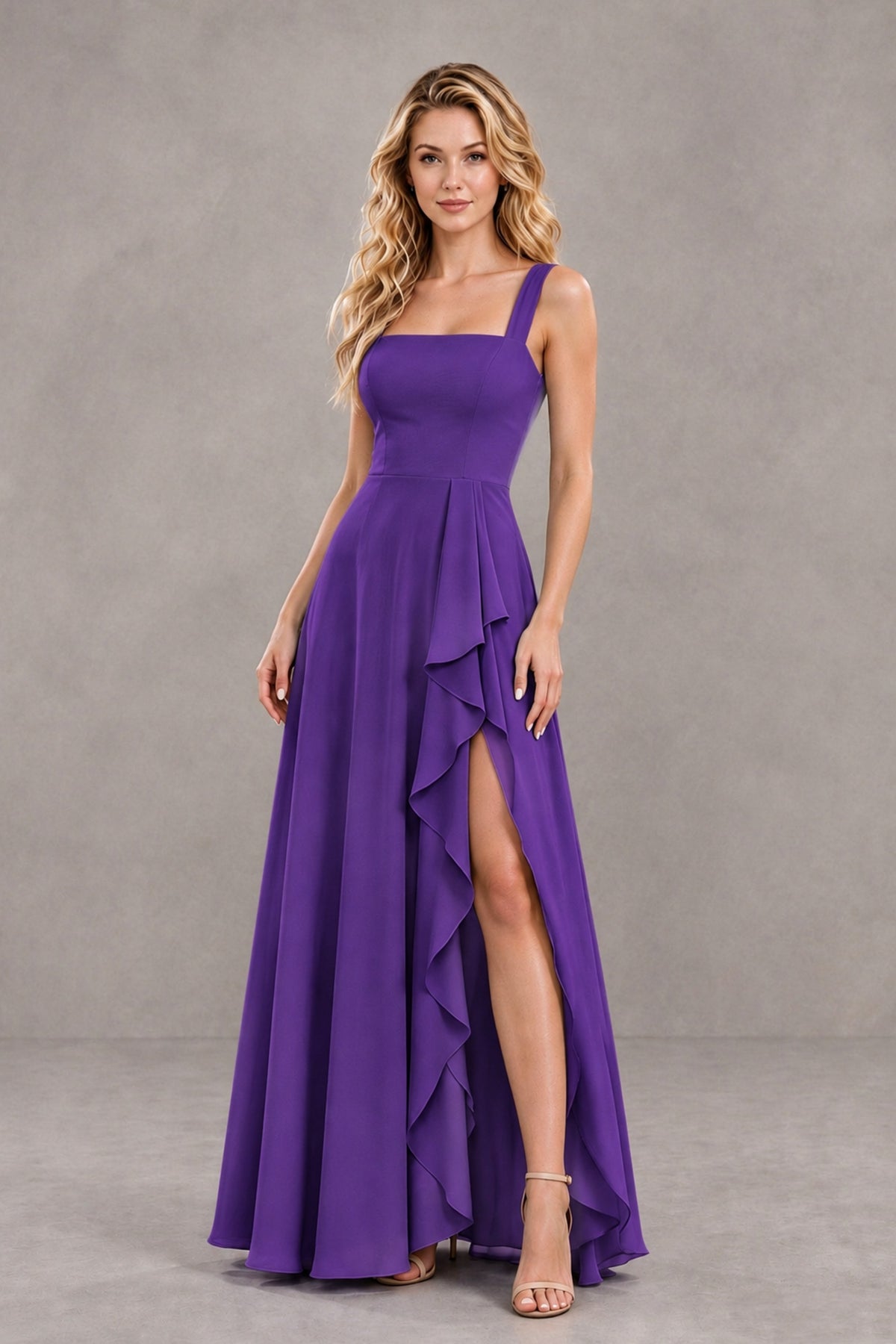 BOLODOO Purple Square Neck Ruffle A-Line Bridesmaid Dress with Slit - Purple - Purple_4
