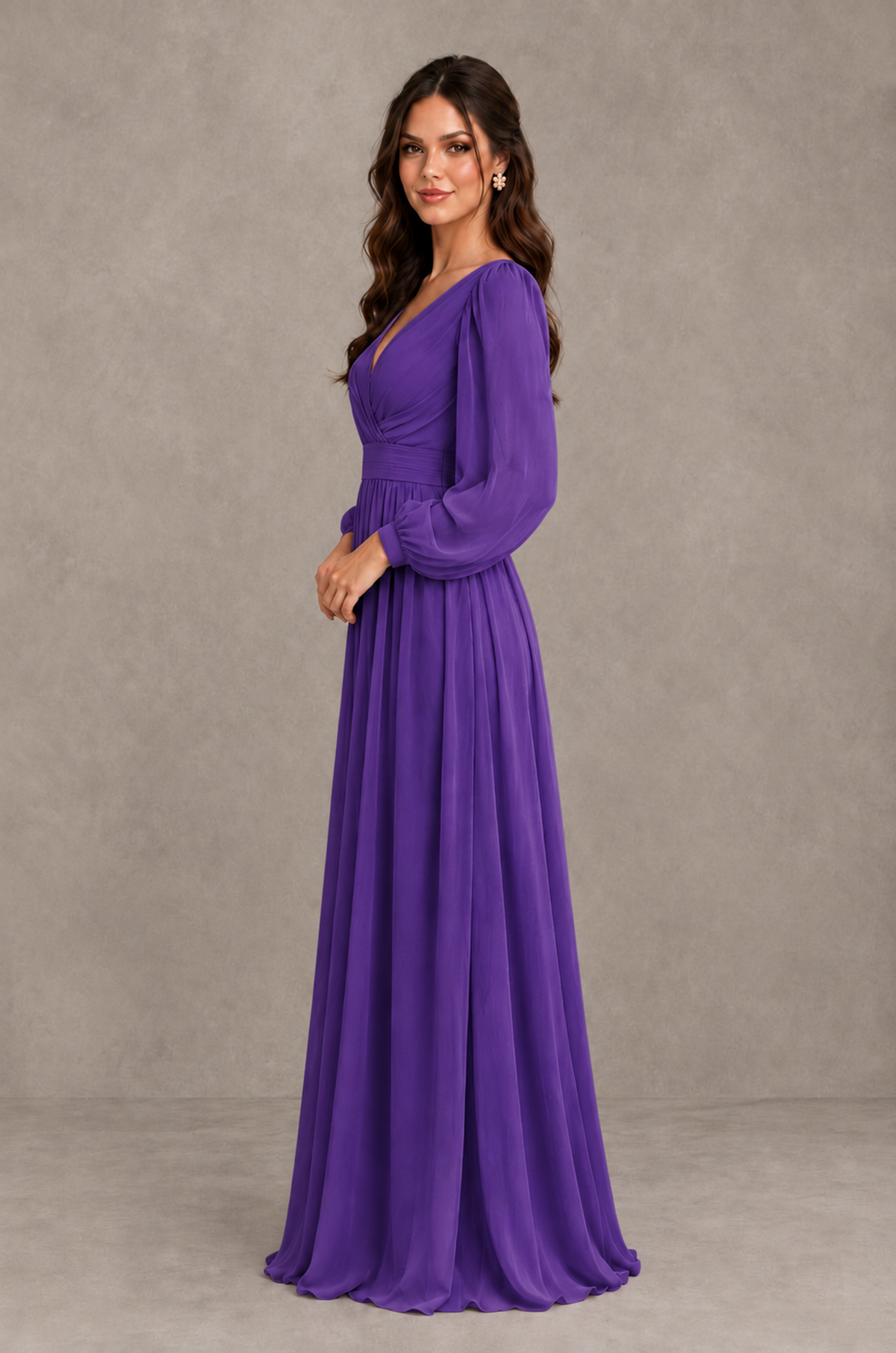 BOLODOO Purple Long Sleeve V-Neck A-Line Bridesmaid Dress - Purple - Purple_4