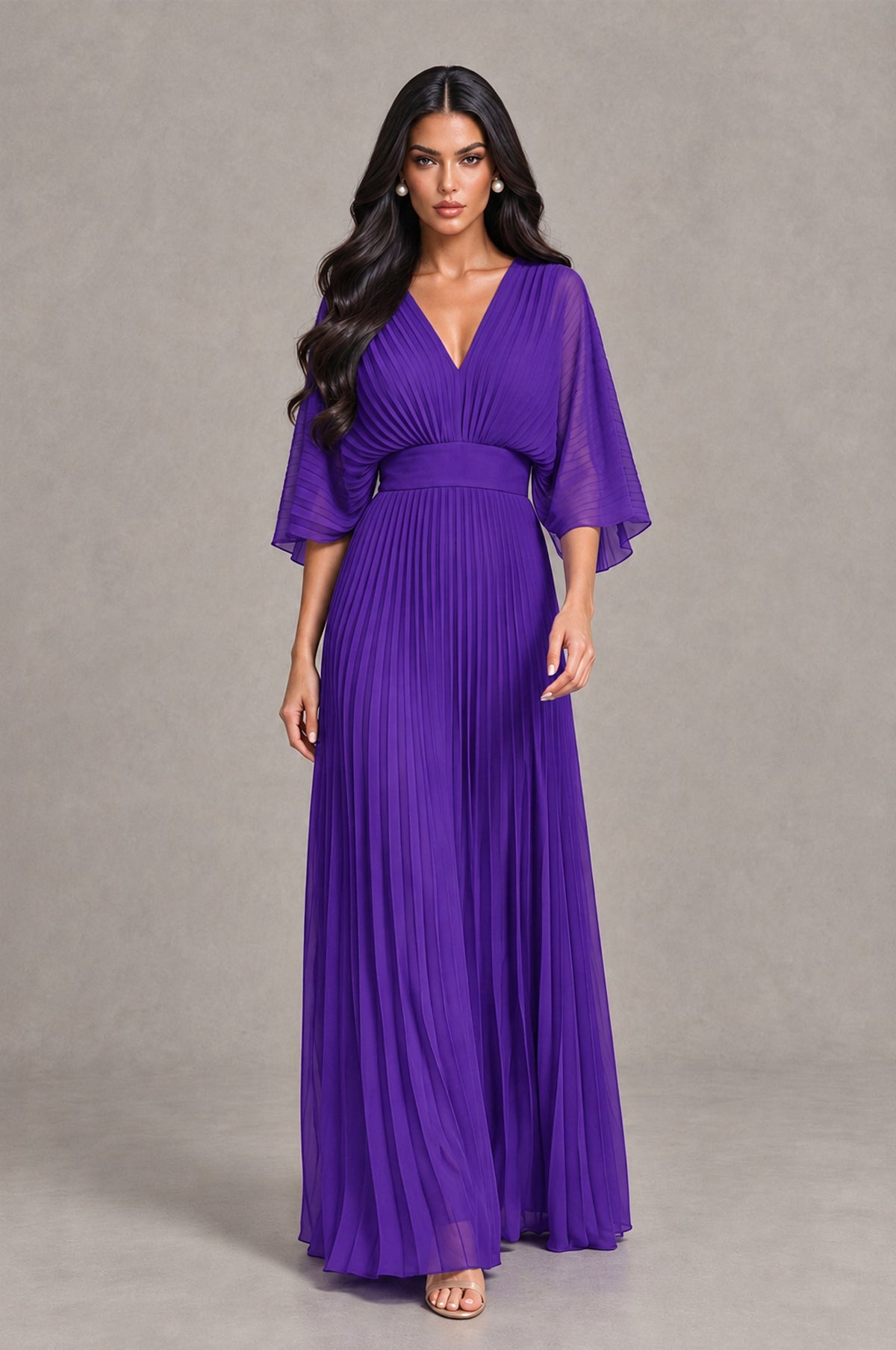 BOLODOO Purple V-Neck Pleated Flutter Sleeve Formal Dress - Purple - Purple_4
