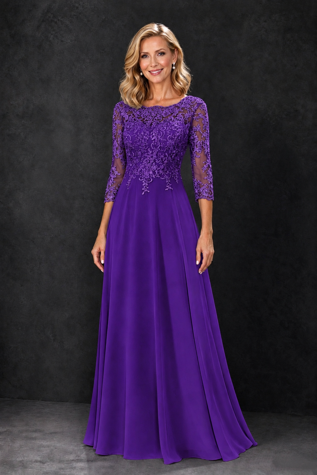 BOLODOO Purple Lace Embroidered Mother of the Bride Dress with 3/4 Sleeves - Purple - Purple_4
