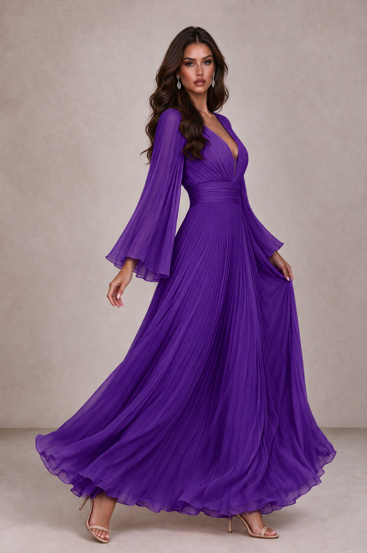 BOLODOO Purple Pleated Deep V-Neck Long Bell Sleeve Evening Dress - Purple - Purple_4