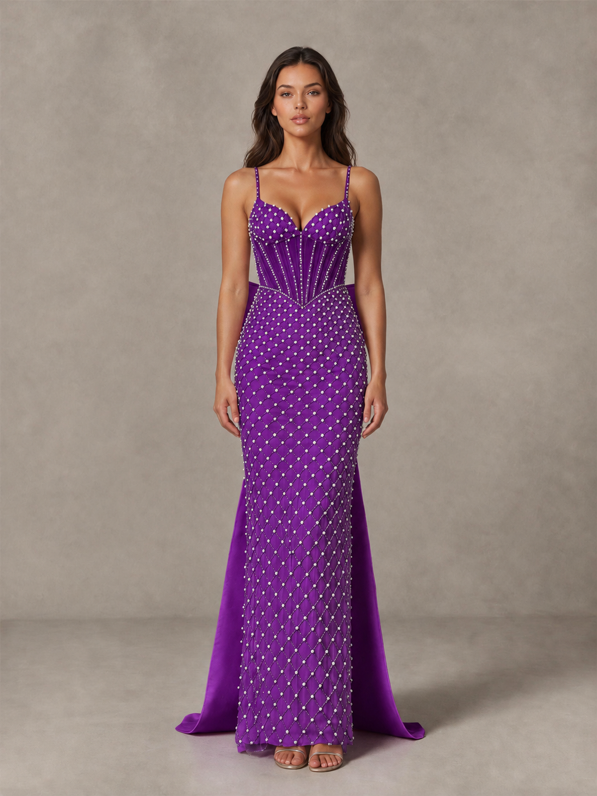 BOLODOO Purple Beaded Corset Prom Dress with Bow Train - Purple - Purple_4
