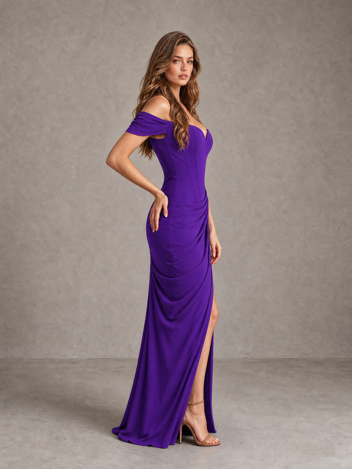 BOLODOO Purple Off-Shoulder Ruched Corset Wedding Guest Dress with Slit - Purple - Purple_4