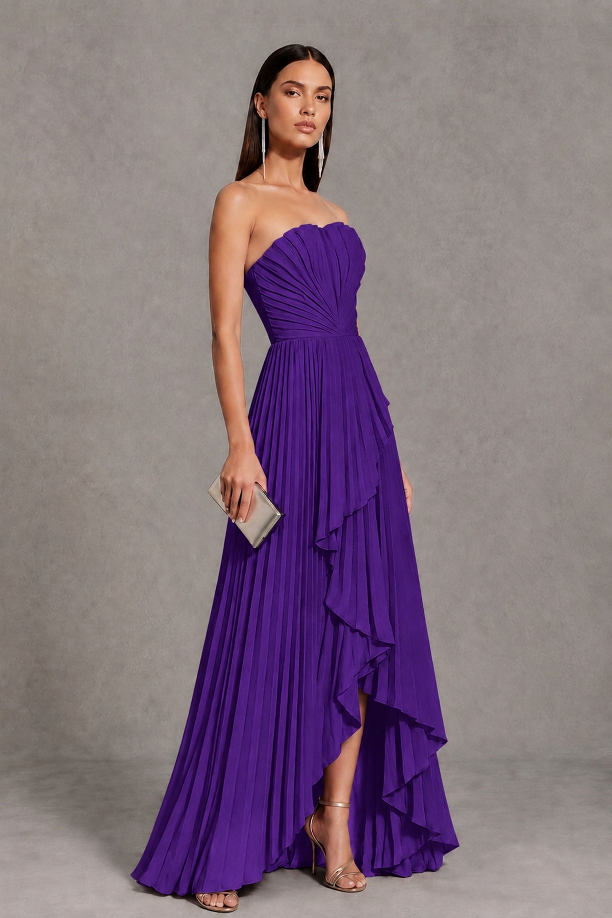 Purple Strapless Pleated High-Low Evening Gown with Ruffle Hem - Purple - Purple_4