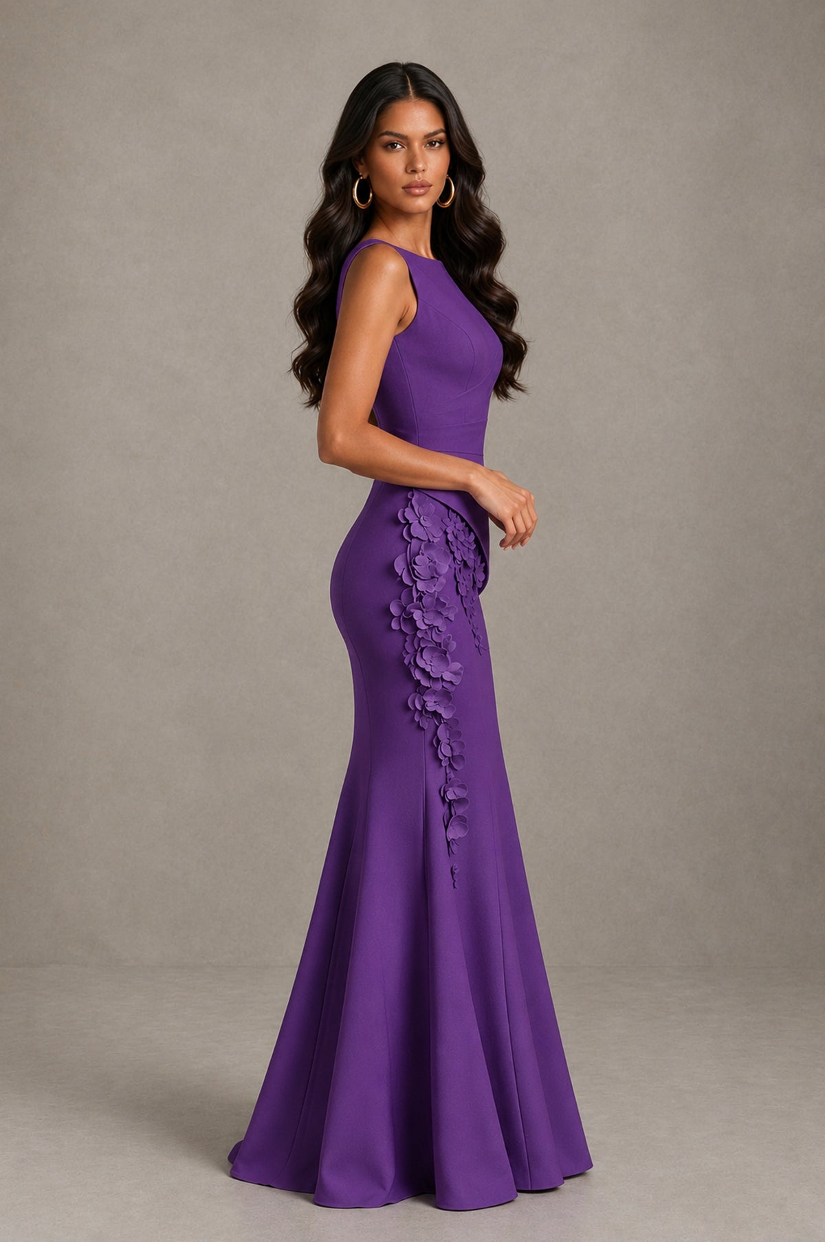 BOLODOO Purple Bateau Neck Sleeveless Asymmetric Peplum 3D Petal Appliqué Mermaid Gown BD0421 - Purple - Purple_4