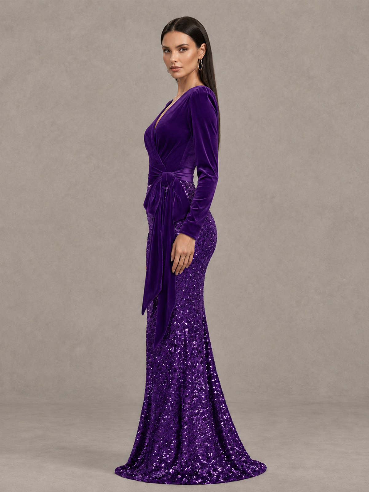 BOLODOO Purple Velvet & Sequin Long Sleeve V-Neck Mermaid Evening Gown - Purple - Purple_4