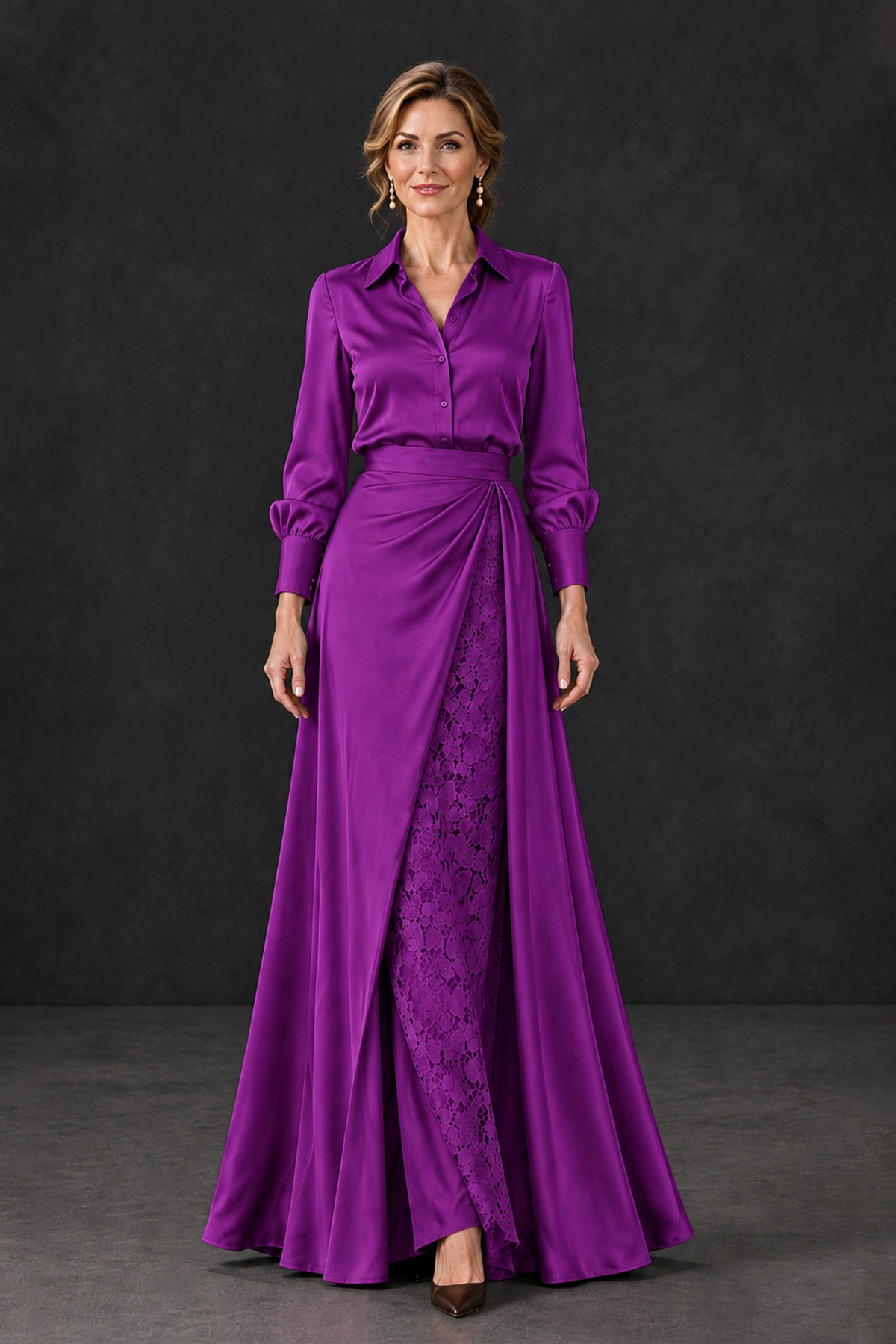 BOLODOO Purple Long Sleeve Satin-Look Lace Panel Gown - Purple - Purple_4