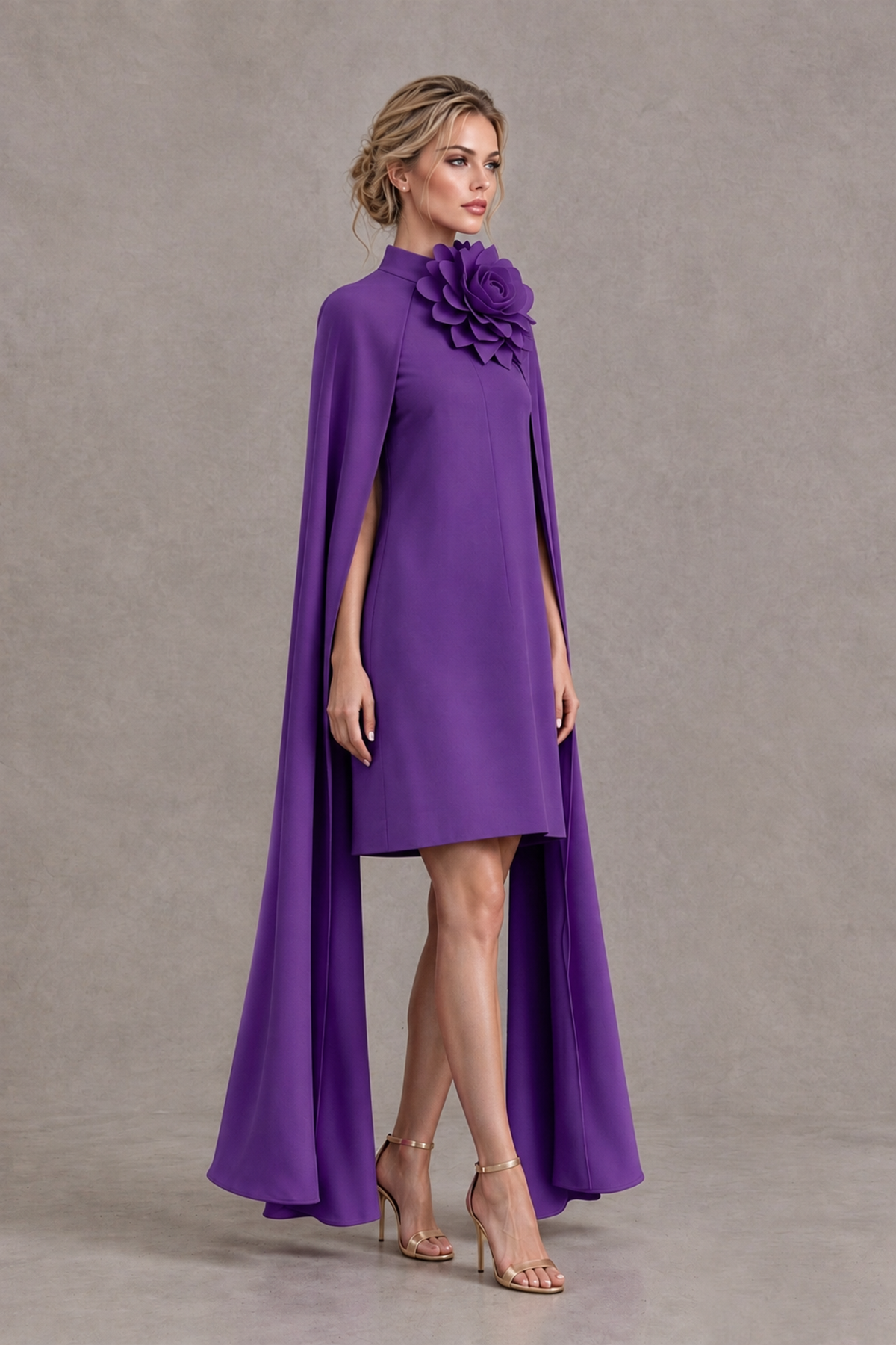 BOLODOO Purple High Neck Floral Cape Mini Cocktail Dress - Purple - Purple_4