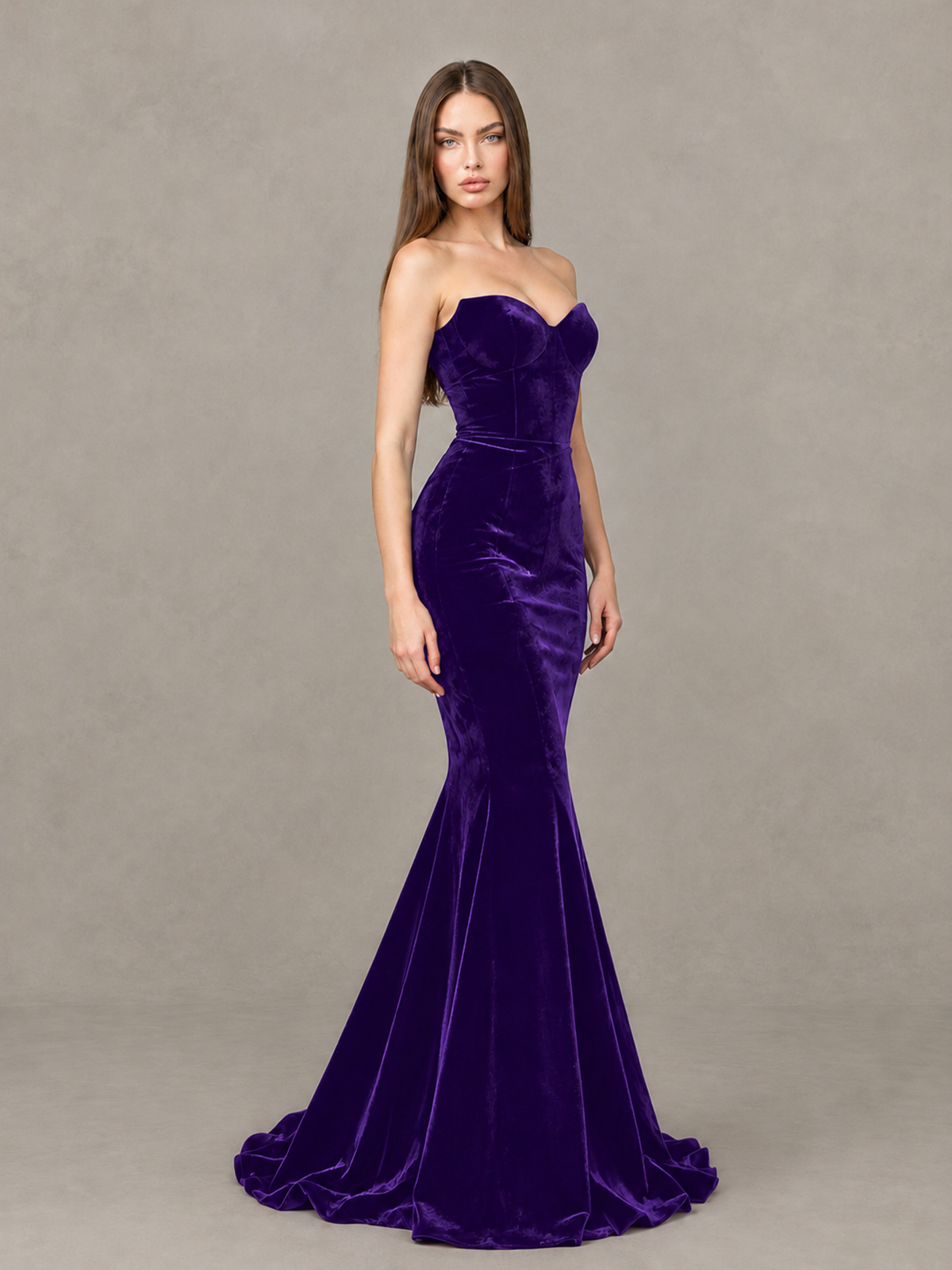 BOLODOO Purple Strapless Sweetheart Velvet-Look Mermaid Evening Dress - Purple - Purple_4
