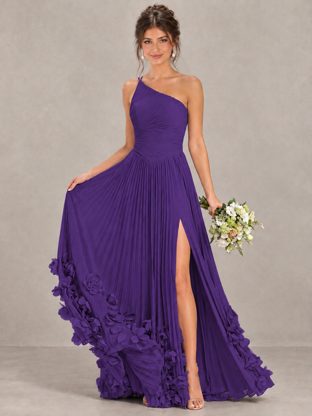 BOLODOO Purple One-Shoulder Pleated Bridesmaid Dress with 3D Floral Hem - Purple - Purple_4