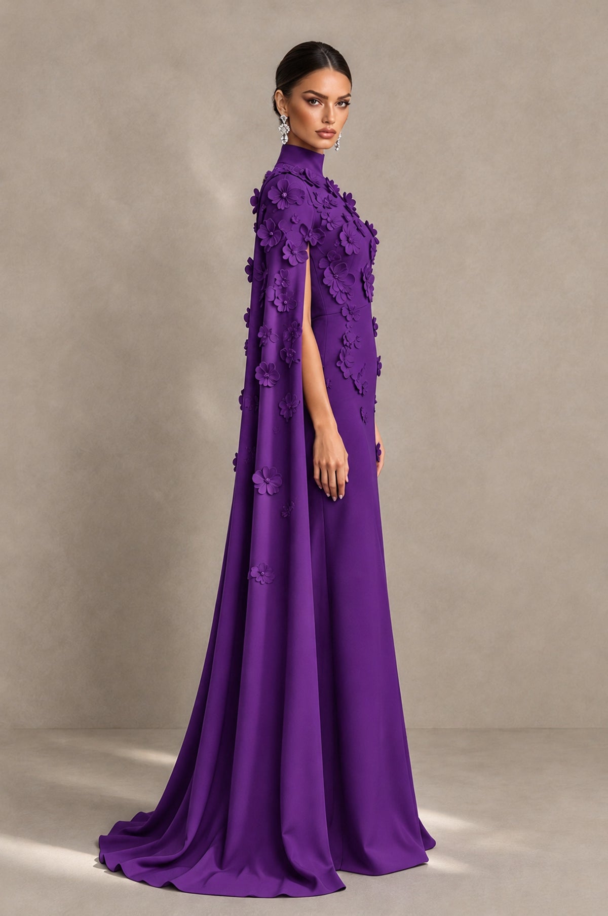 BOLODOO Purple 3D Floral Applique Cape Formal Dress - Purple - Purple_4