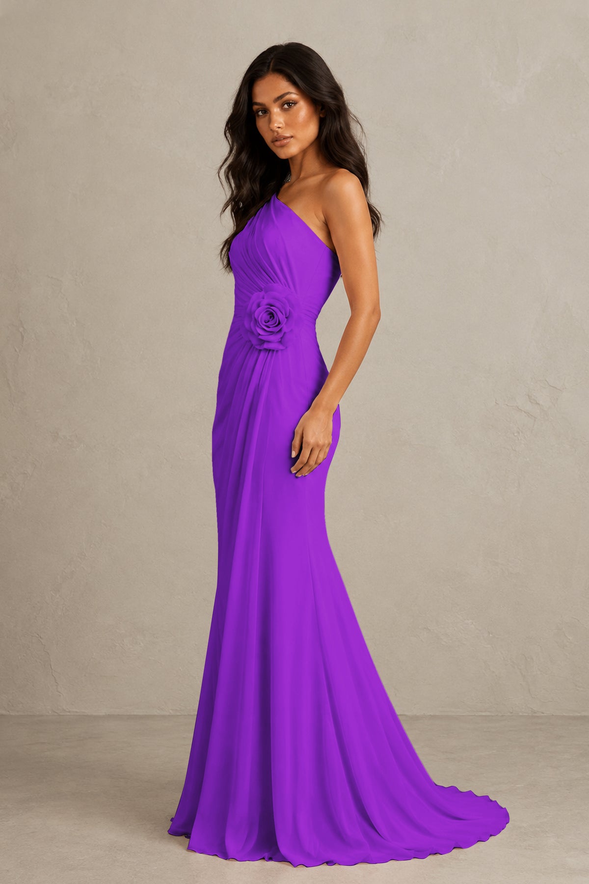 BOLODOO Purple One-Shoulder Floral Ruched Maxi Dress - Purple