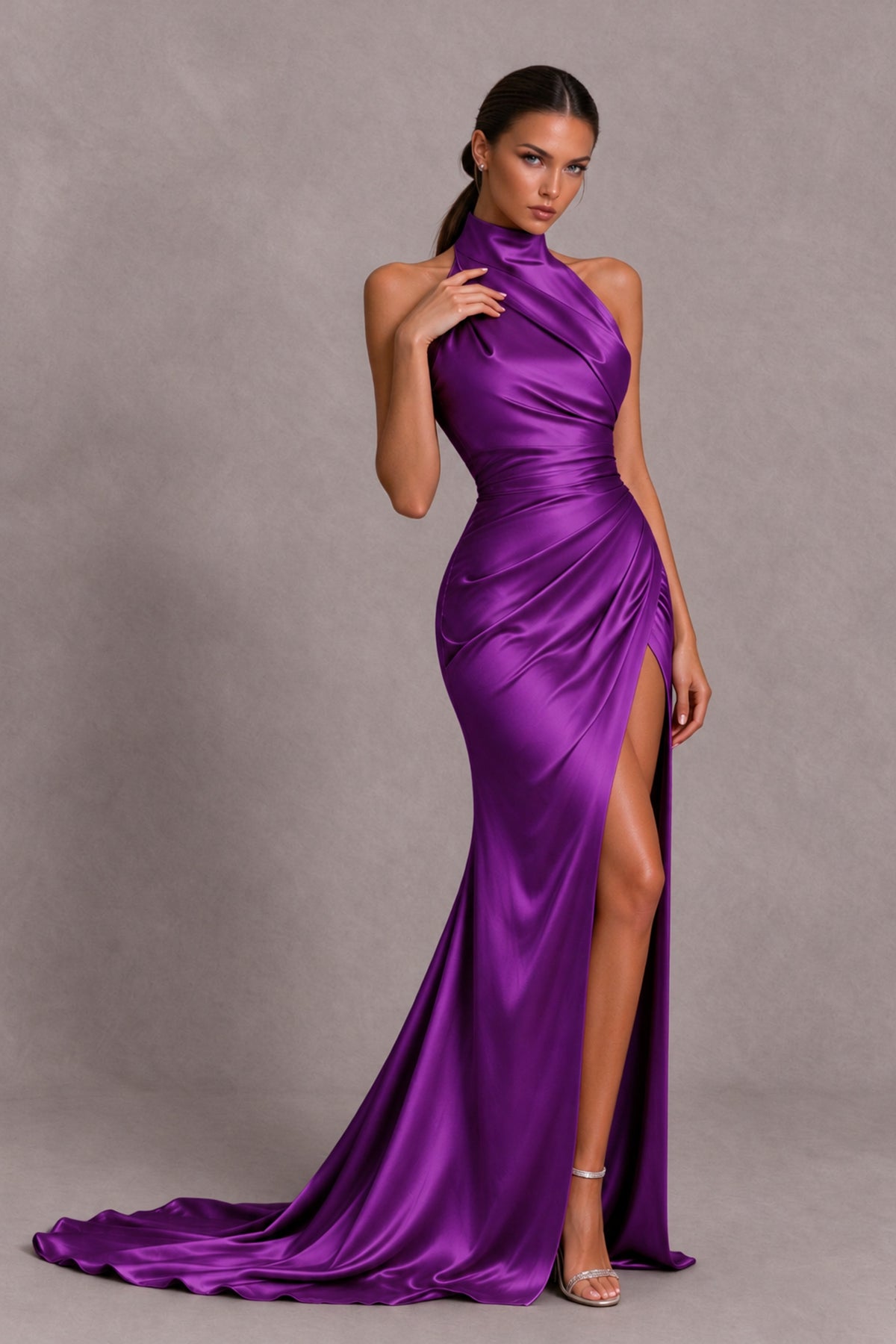 BOLODOO Purple Halter Satin-Look Evening Gown with High Slit - Purple - Purple_4