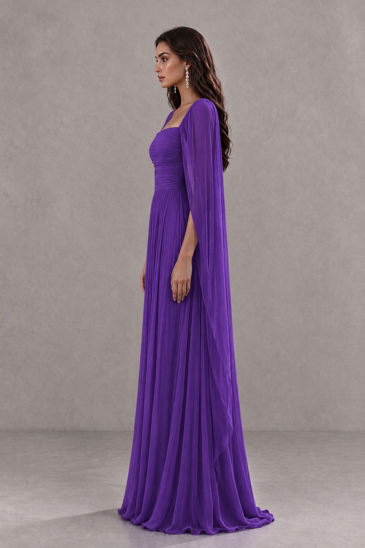BOLODOO Purple Square Neck Cape Sleeve A-Line Evening Dress - Purple - Purple_4