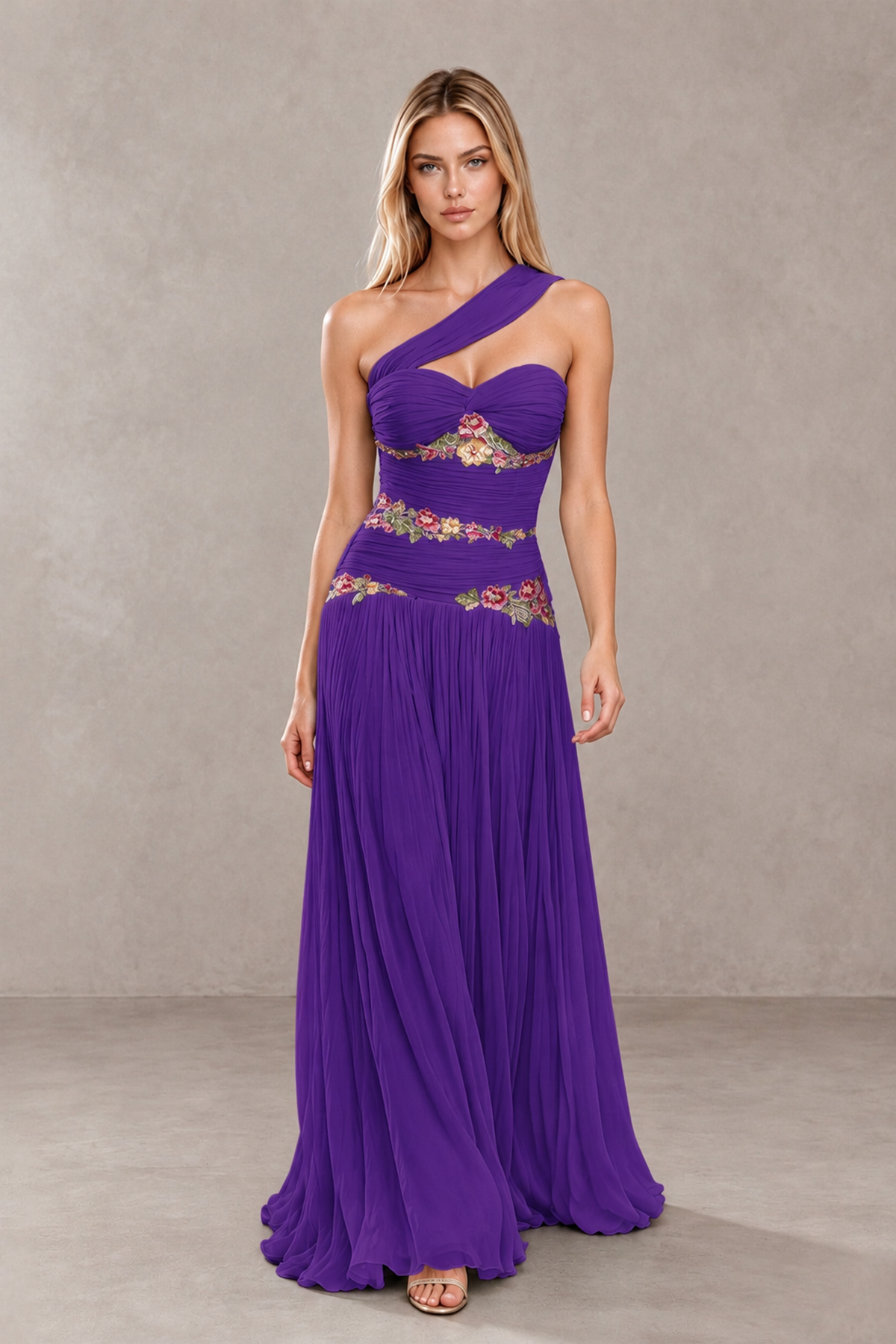 BOLODOO Purple One-Shoulder Floral Applique A-Line Evening Dress - Purple - Purple_4