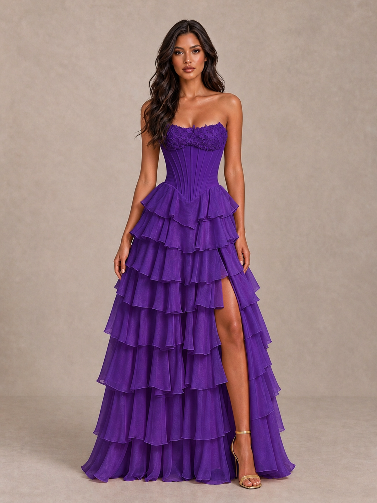BOLODOO Purple Strapless Corset Tiered Ruffle Prom Dress with High Slit - Purple - Purple_4