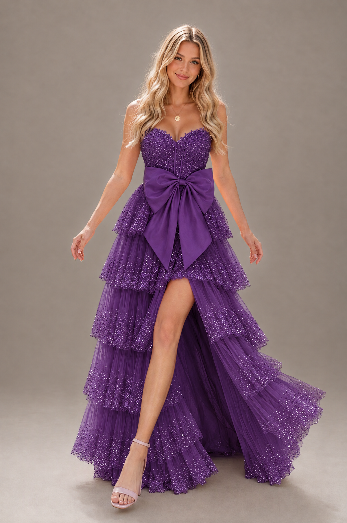 BOLODOO Purple Strapless Tiered Tulle Prom Dress with Bow - Purple - Purple_4