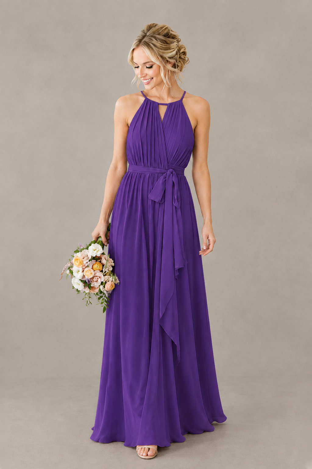 BOLODOO Purple Halter Chiffon Bridesmaid Dress with High Slit - Purple