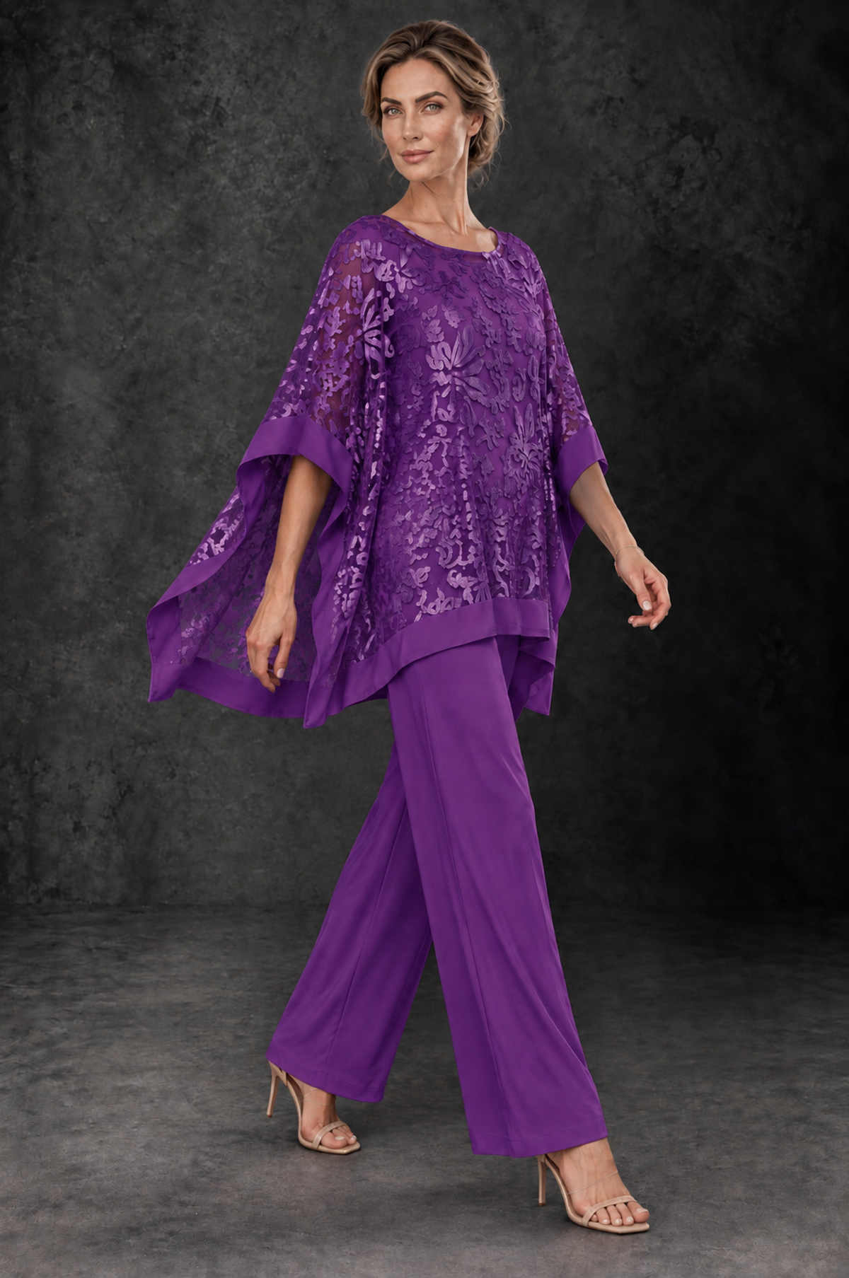 BOLODOO Purple Floral Cape Mother of the Bride Pant Suit - Purple - Purple_4