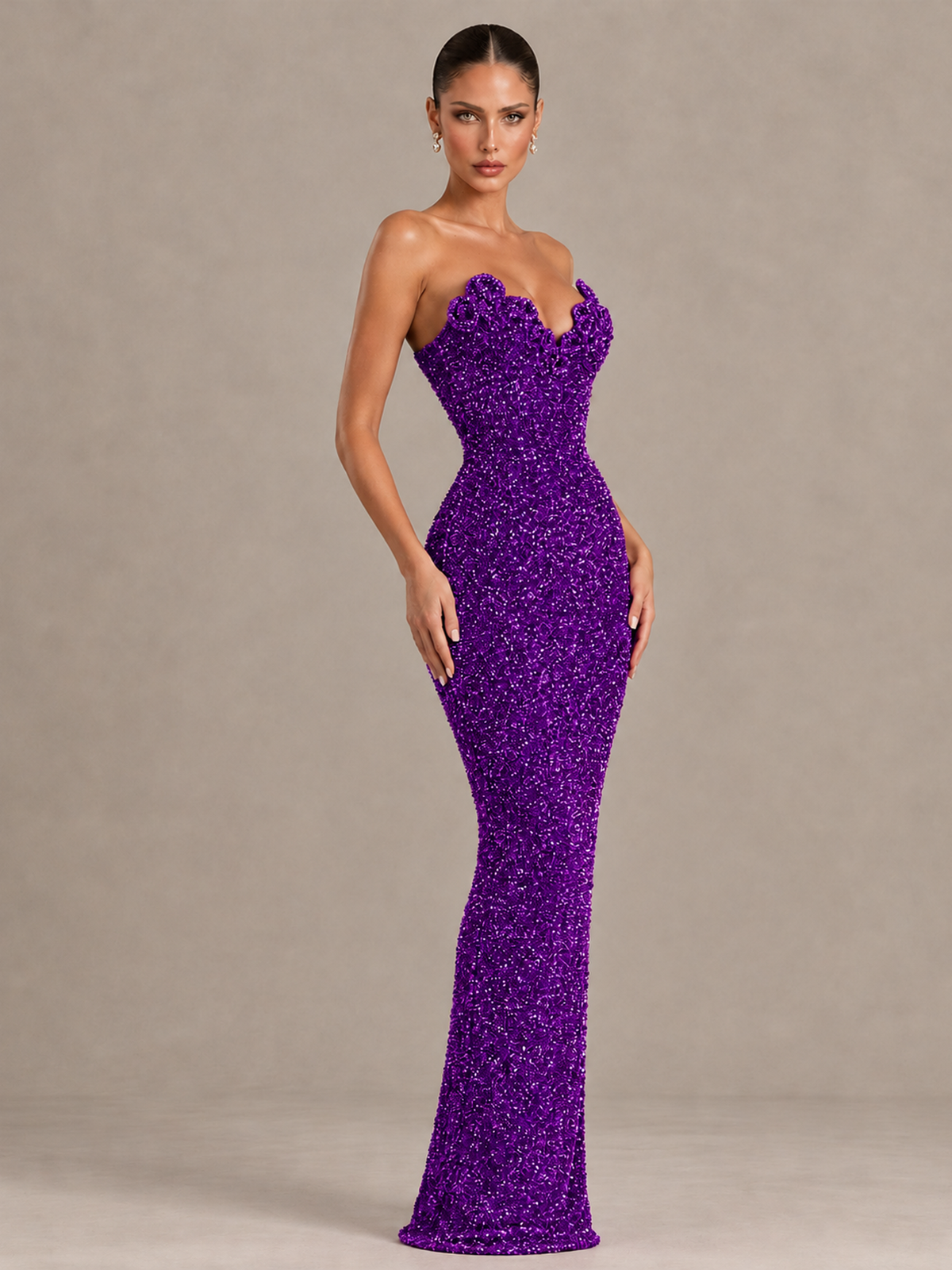 BOLODOO Purple Strapless Sequin Evening Gown with Floral Neckline - Purple - Purple_4