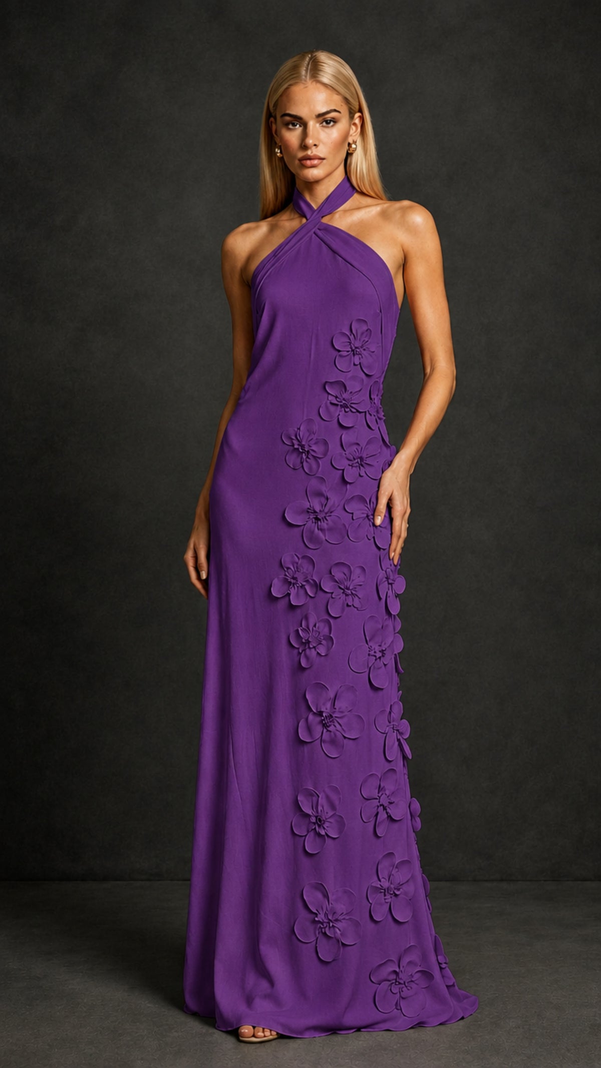 BOLODOO Purple Cross Halter Neck 3D Floral Appliqué Backless Mermaid Maxi Gown - Purple