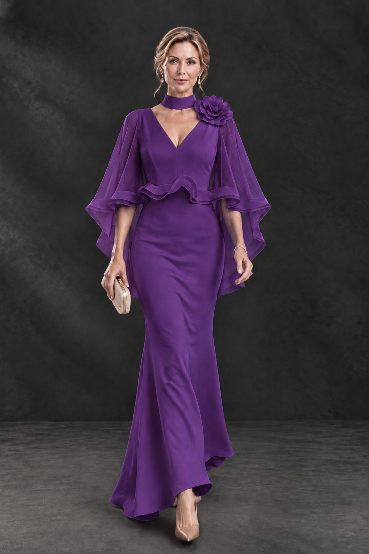 BOLODOO Purple Floral Cape Sleeve Mother of the Bride Dress - Purple - Purple_4