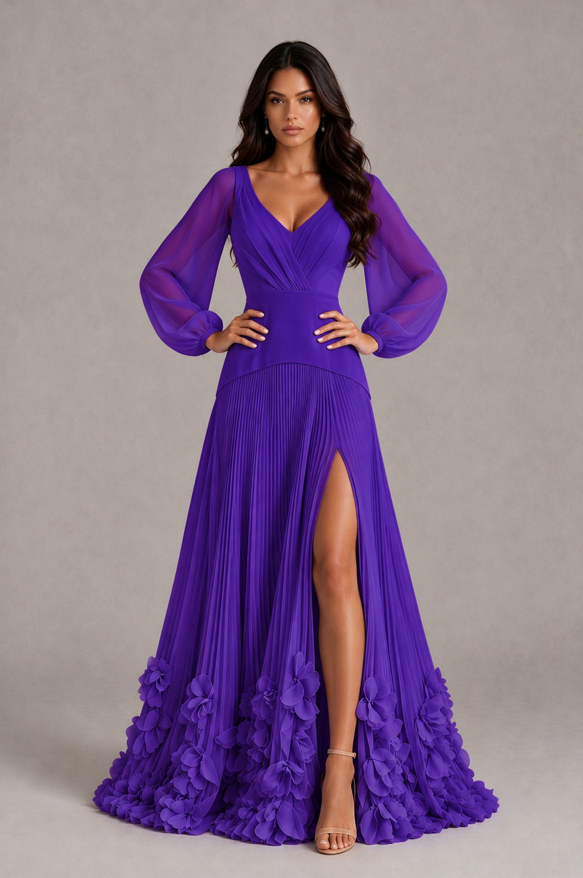 BOLODOO Purple V-Neck Long Sleeve Pleated Floral Hem Evening Dress - Purple - Purple_4