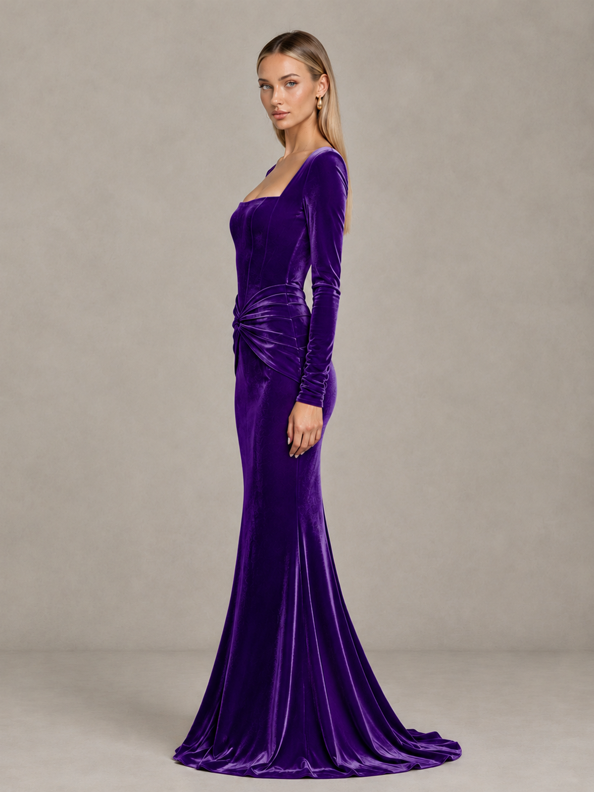 BOLODOO Purple Velvet-Look Square Neck Long Sleeve Mermaid Evening Dress - Purple - Purple_4