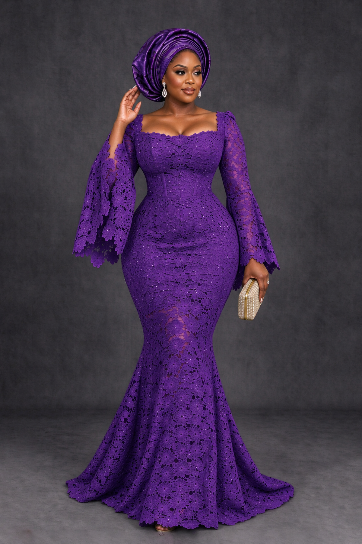 BOLODOO Purple African Lace Mermaid Dress, Plus Size Nigerian Wedding Guest Gown with Bell Sleeves - Purple - Purple_4