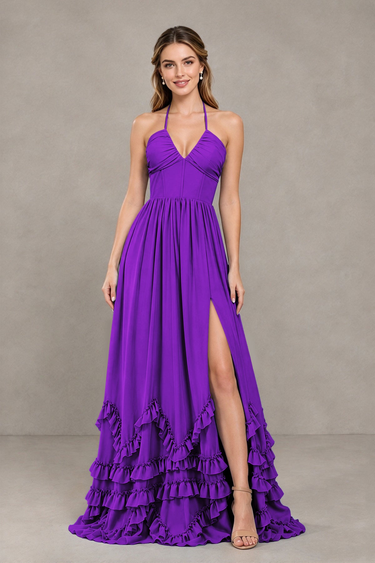 BOLODOO Purple Halter Ruffle Hem A-Line Bridesmaid Dress with High Slit - Purple - Purple(4)