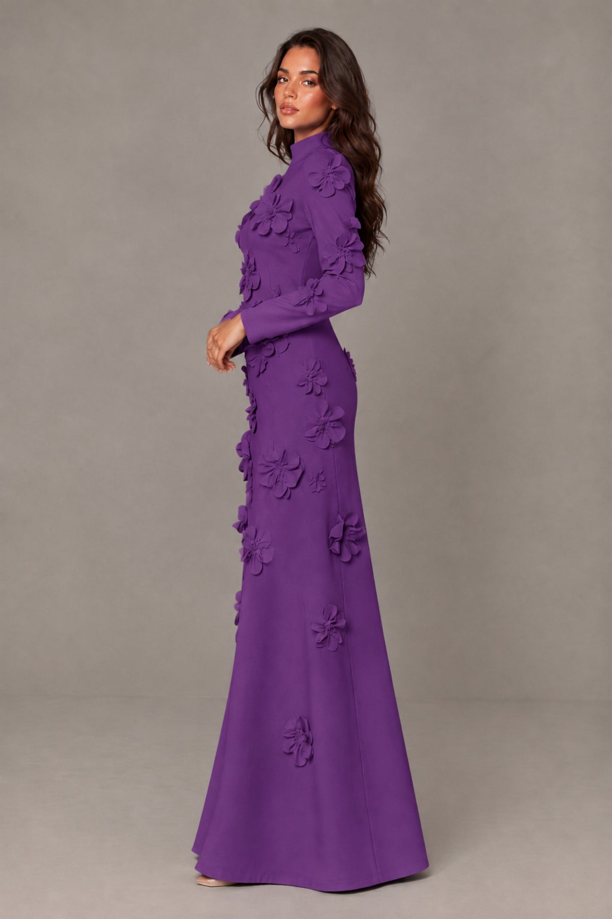 BOLODOO Purple High Neck Long Sleeve 3D Floral Evening Gown - Purple