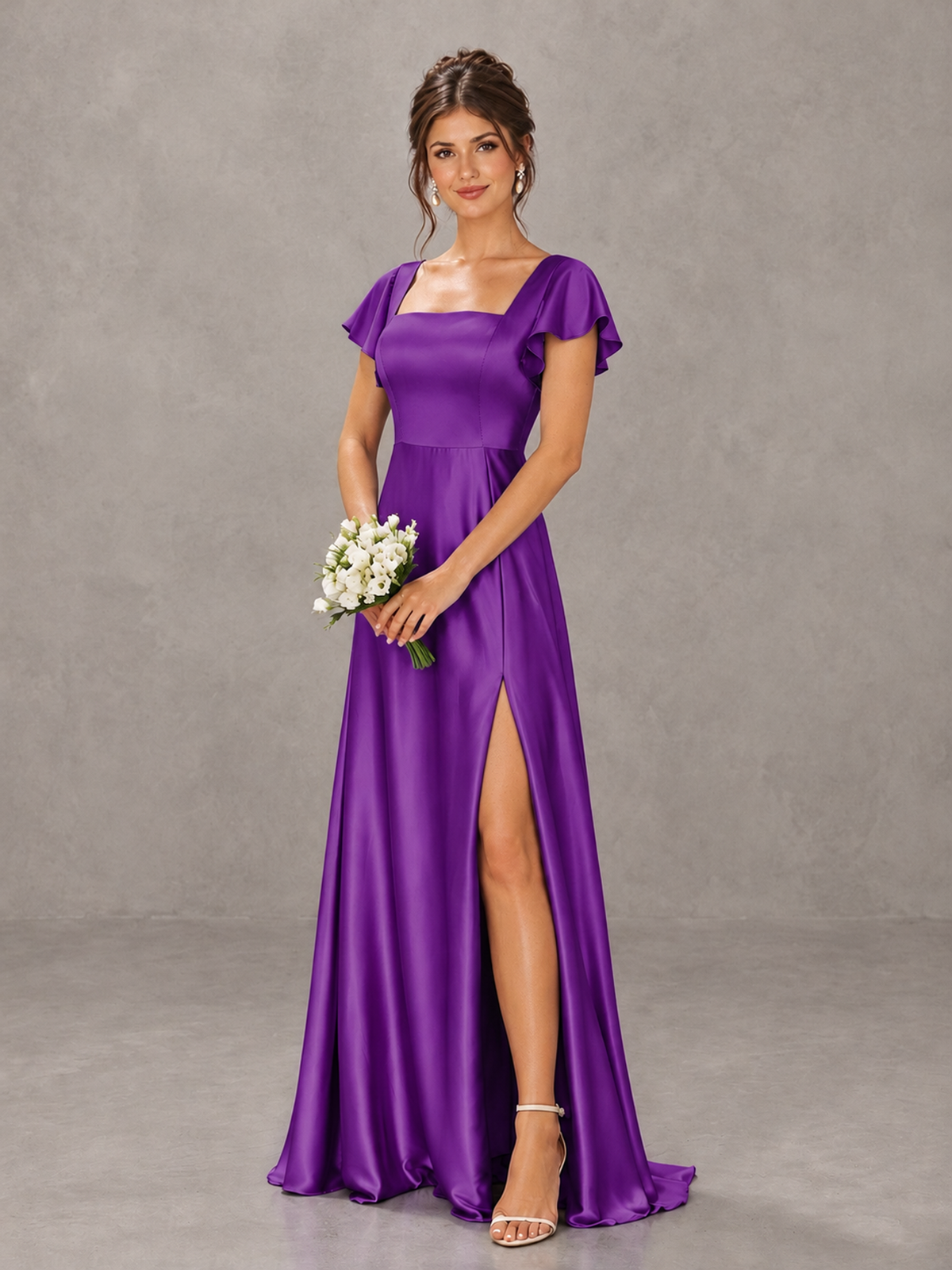 BOLODOO Purple Satin Square Neck Flutter Sleeve A-Line Bridesmaid Dress with Slit - Purple - Purple_4