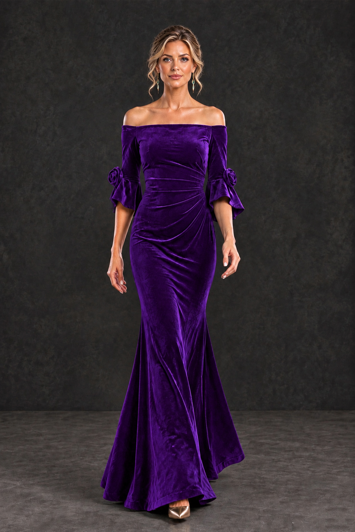 BOLODOO Purple Velvet Off-Shoulder Mother of the Bride Dress – 3/4 Floral Cuff Sleeve Mermaid Evening Gown - Purple - Purple_4