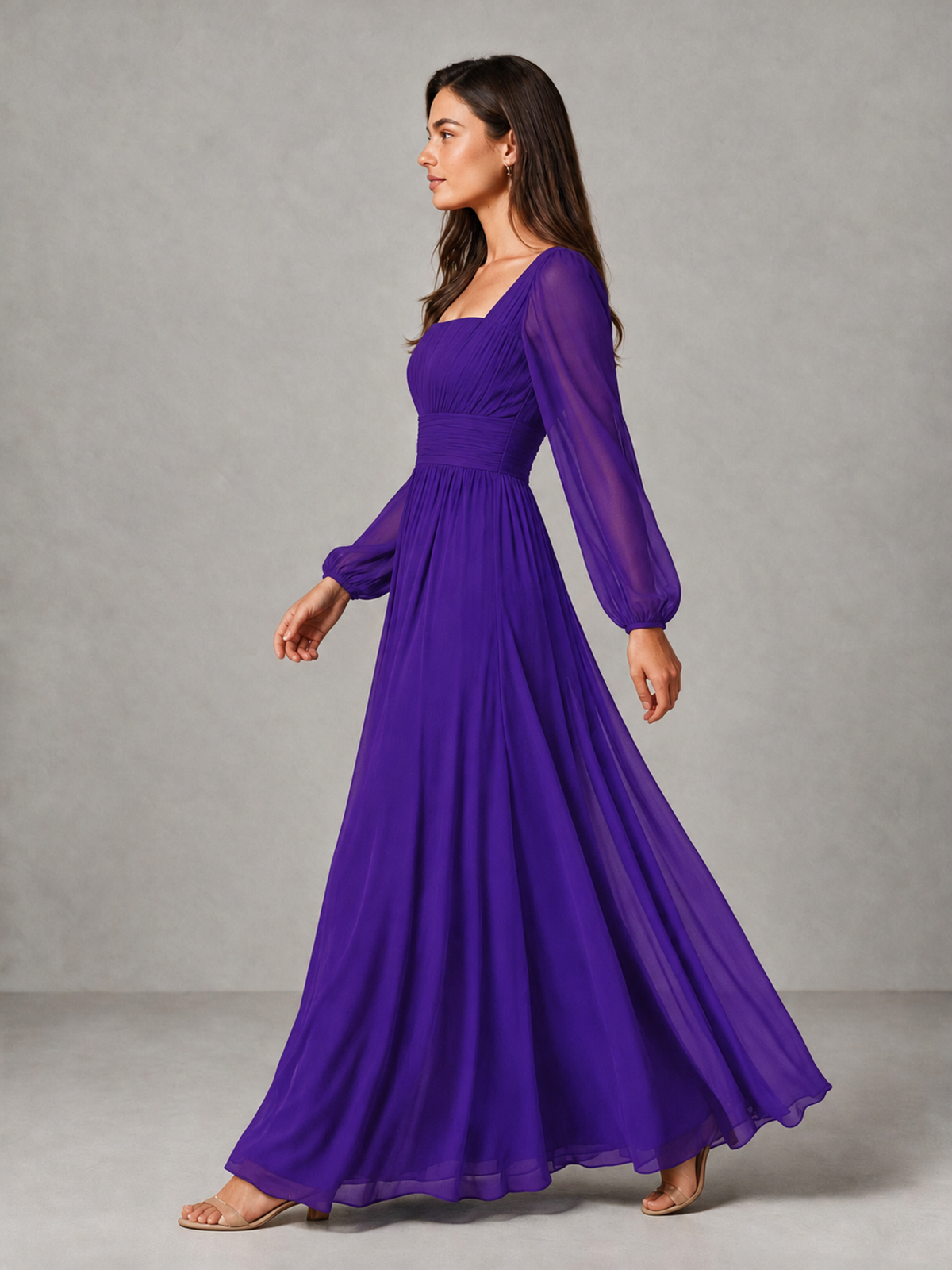BOLODOO Purple Square Neck Long Sleeve Chiffon Bridesmaid Dress - Purple - Purple_4