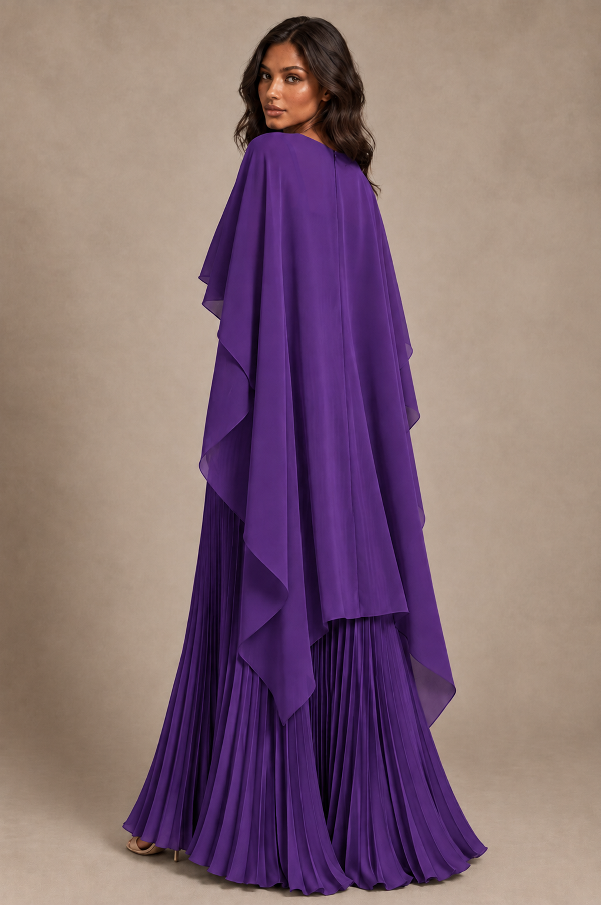 BOLODOO Purple Pleated Cape A-Line Evening Dress - Purple - Purple_4