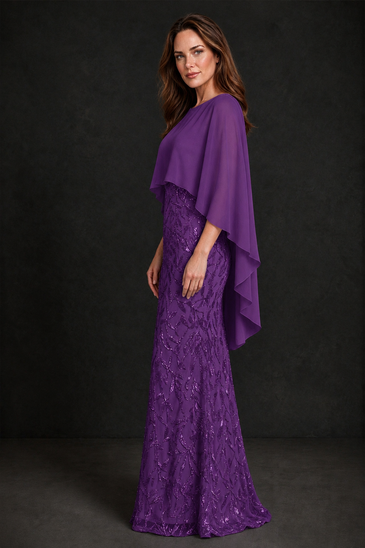 BOLODOO Purple Round Neck Chiffon Cape Overlay Sequin Lace Mermaid Maxi Dress - Purple - Purple_4